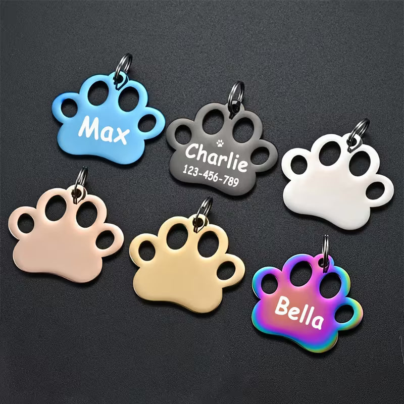 Custom Engraved Paw Print Pet ID Tag – Stainless Steel Personalized Dog & Cat Collar Charm